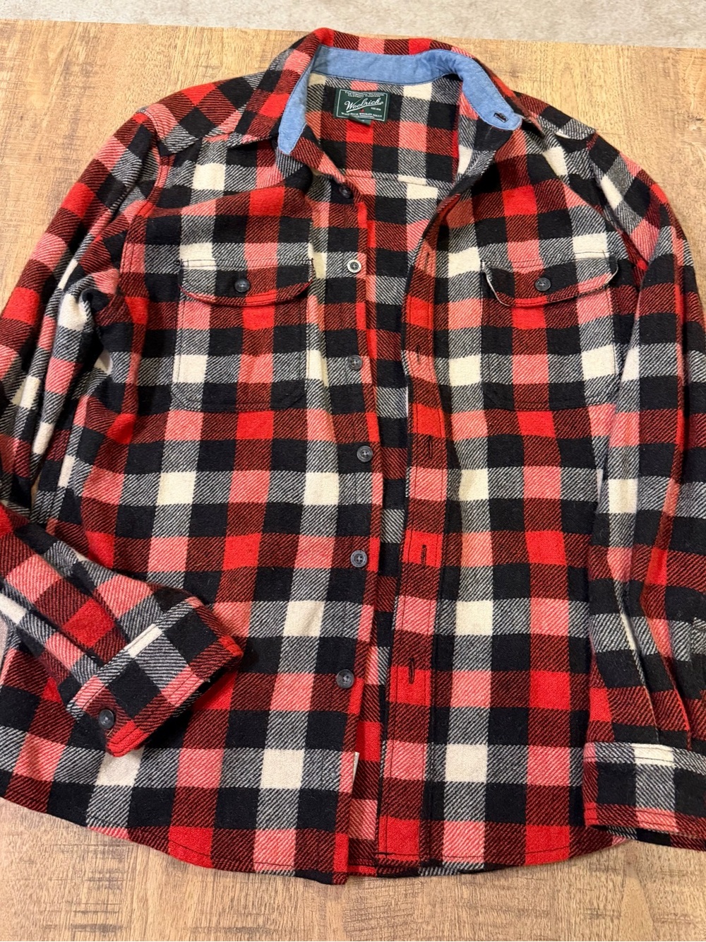 Men’s Woolrich Red Black and Cream Buffalo Check Flannel Shirt Size L